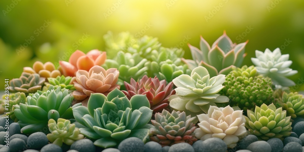 Succulent plants arrangement on pastel colored background. Potted succulent house plants. Flat lay, top view, copy space Succulent plants arrangement on pastel colored background. Potted succulent house plants. Flat lay, top view, copy space