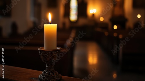 Solitary candle in ornate holder casting gentle glow in sanctuary photo