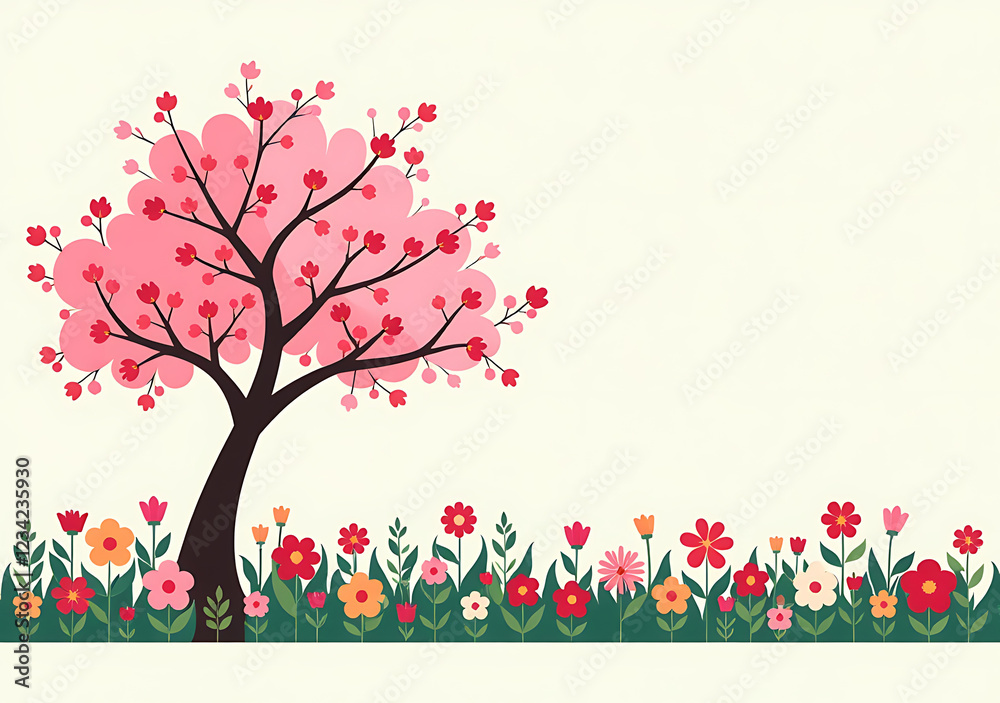 Fototapeta premium pink blossoms single tree line entire spring garden border vibrant colorful