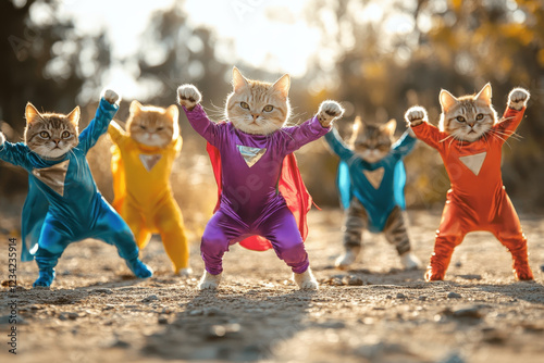 Eine Gruppe von Katzen in bunten Superhelden Kostümen, die in lustigen Posen tun, als ob sie die Welt auf spielerische Weise retten, voller Energie und Abenteuergeist.