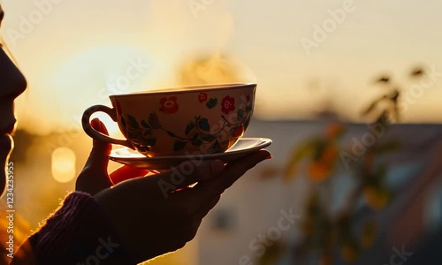 Woman holding a steaming cup of tea at sunset on balcony