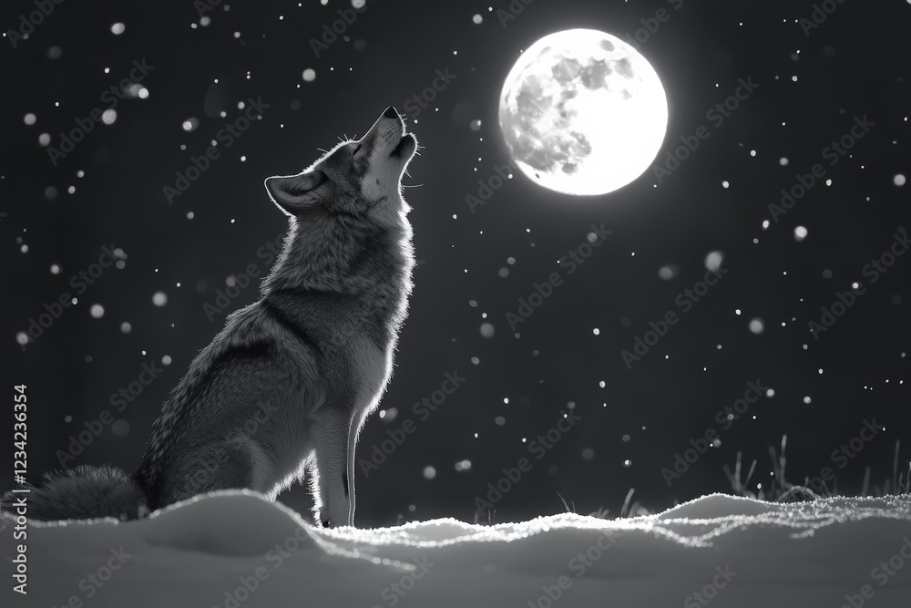 Wolf howls at full moon during snowfall in winter forest at night Wolf howls at full moon during snowfall in winter forest at night