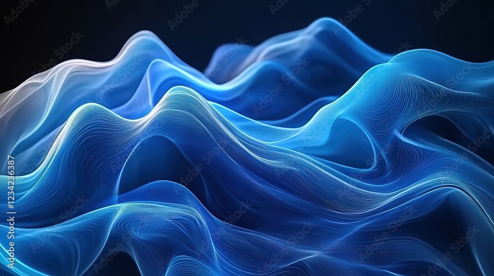 Fototapeta premium A digital art piece featuring abstract blue waves, representing the fluidity and creativity of AI technology. 