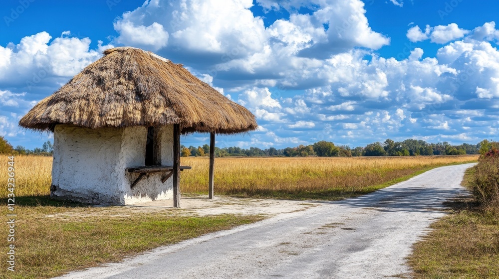 A roadside shelter with a thatched roof, offering shade to travelers on a quiet country road, with fields in the background. A roadside shelter with a thatched roof, offering shade to travelers on a quiet country road, with fields in the background.