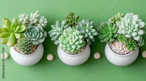 Succulent plants arrangement on pastel colored background. Potted succulent house plants. Flat lay, top view, copy space