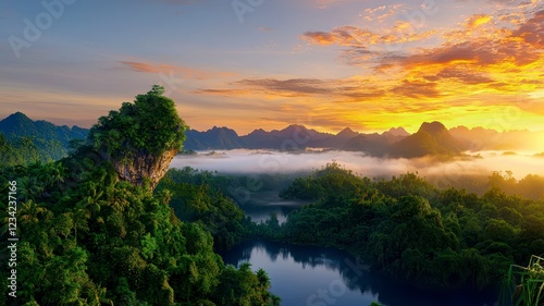 Tropical islands tranquil private concept. A breathtaking landscape at sunrise, showcasing lush greenery, misty mountains, and a serene river, creating a tranquil and picturesque natural scene.