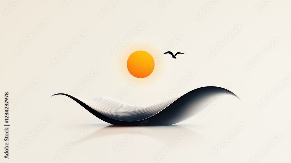 A minimalistic beach icon with a small sun above a curving wave, creating a peaceful and serene vibe in a simple, monochromatic design. A minimalistic beach icon with a small sun above a curving wave, creating a peaceful and serene vibe in a simple, monochromatic design.