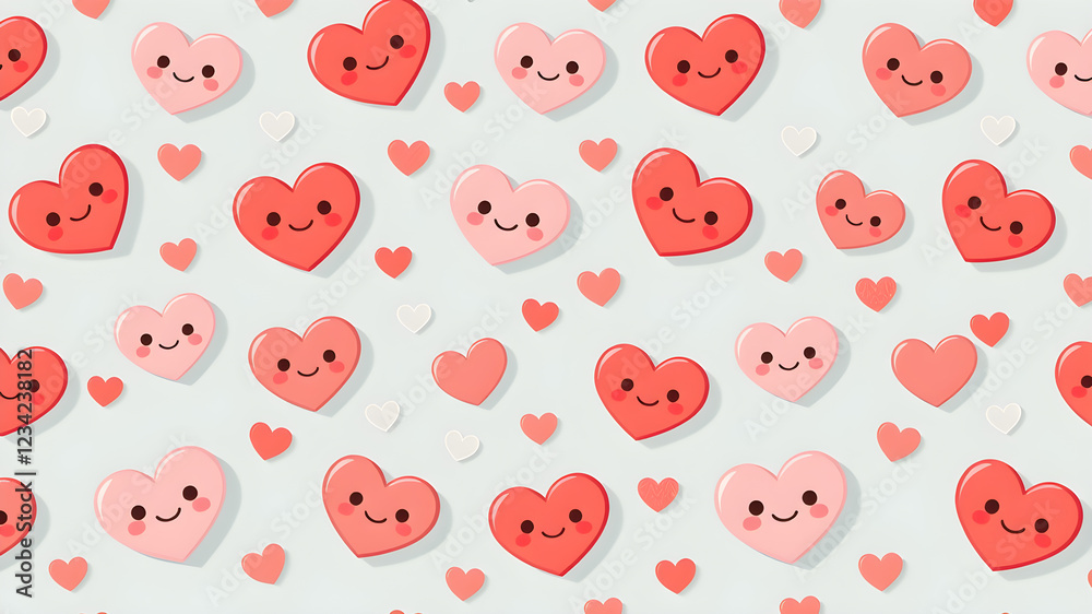 Flat design vector-style image of seamless pattern of hearts with kawaii smile, 3D. Generative AI Flat design vector-style image of seamless pattern of hearts with kawaii smile, 3D. Generative AI