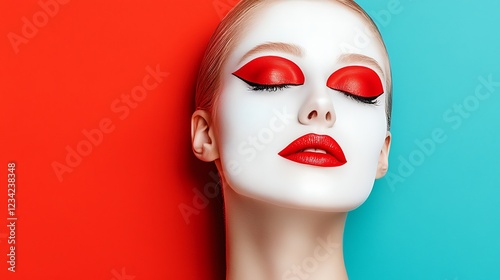 A striking beauty portrait featuring bold red makeup against a minimalist dual-color background of red and turquoise.