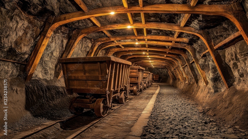 Dark coal mine shaft with wooden support beams and mining carts Dark coal mine shaft with wooden support beams and mining carts