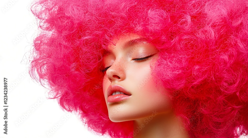 Fototapeta premium A vibrant portrait of a model with bright pink, curly hair, showcasing a serene expression against a clean white background.