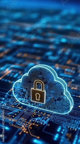 Cloud icon with padlock on top, surrounded by circuit board patterns, representing cloud security in financial services, secure digital infrastructure