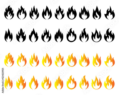 Fire silhouette. Fire flame symbol. Flame icon collection. Fire icon set silhouette on a white background. photo