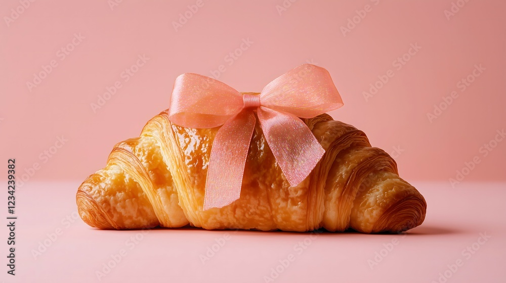 Croissant with a soft pink ribbon on a pastel pink background. Food for thought, self-care, copy space concept.