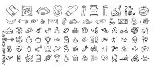 Fitness, sport and health icons doodle hand drawn set. Healthy lifestyle isolated symbols