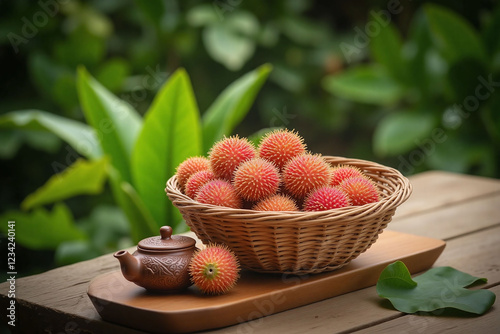 wooden table with rambutans basket leaves teapot in green area