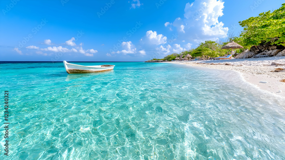 Fototapeta premium Tropical beach boat calm turquoise water