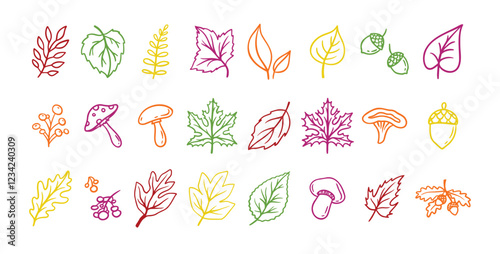 Autumn leaves outline doodle set. Botanical fall contour stickers. Vector leaf clipart drawings 
