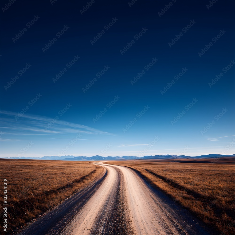 Naklejka premium Dirt Road Leading to Distant Mountains Under a Blue Sky