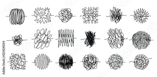 Chaos lines doodle set. Hand drawn tangled clew. Insane scribble lines. confused doodle scribbles.