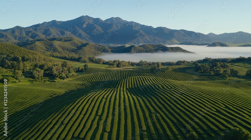 Breathtaking Aerial View of Lush Green Fields and Majestic Mountains Breathtaking Aerial View of Lush Green Fields and Majestic Mountains