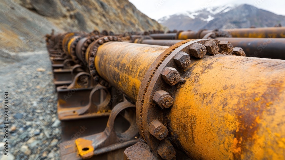 Rows of steel pipes and equipment used in mineral extraction Rows of steel pipes and equipment used in mineral extraction