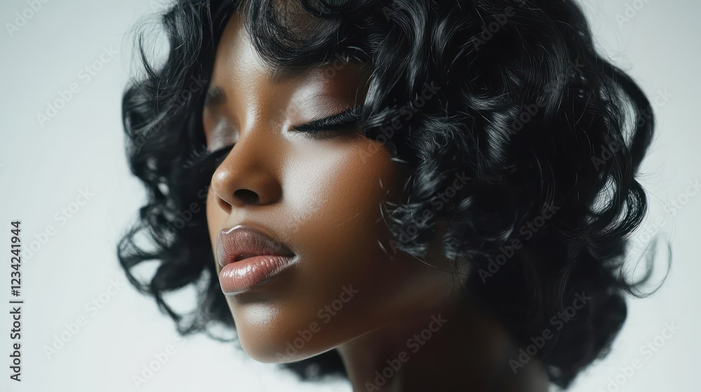 Fototapeta premium Serene Beauty: A Close-Up Portrait of a Young Woman with Curly Black Hair