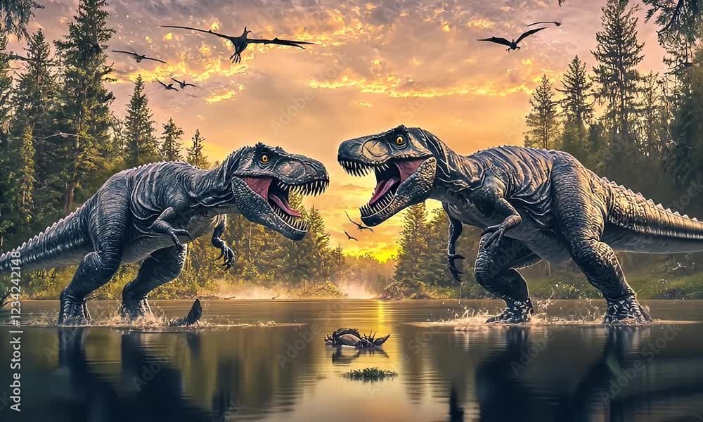 Two T-Rex dinosaurs facing off at sunset, prehistoric lake, flying reptiles