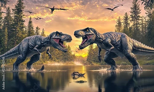 Two T-Rex dinosaurs facing off at sunset, prehistoric lake, flying reptiles