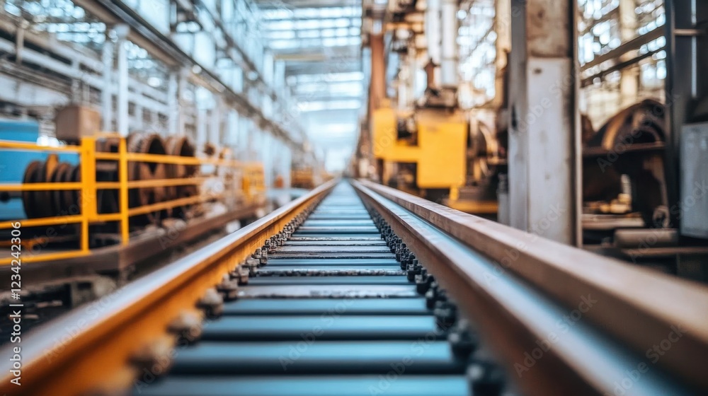 White background with a close-up view of a conveyor belt transporting raw materials in an industrial plant, showing high-tech manufacturing White background with a close-up view of a conveyor belt transporting raw materials in an industrial plant, showing high-tech manufacturing