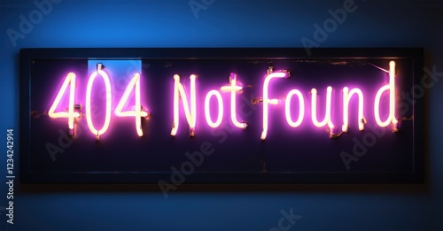 Glowing neon sign with vibrant pink outline displaying 404 Not Found in illuminated letters mounted on dark panel symbolizing error, missing content, internet failure, and glitch