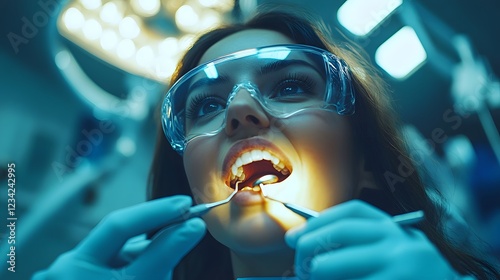 Dentist focusing a patient's teeth examination in a stateoftheart dental clinic illuminated by overhead lights and digital imaging devices in the background photo