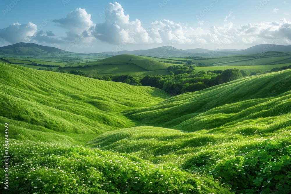 Obraz premium Grassy hills with flowers and trees in the distance