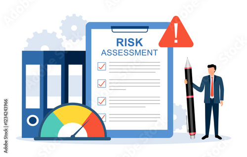 Risk assessment concept with speedometer, Risk management. Analyzing data, crisis management in flat design vector.