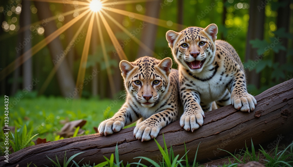 Fototapeta premium Two playful leopard cubs climbing on a log in a lush green jungle bathed in sunlight