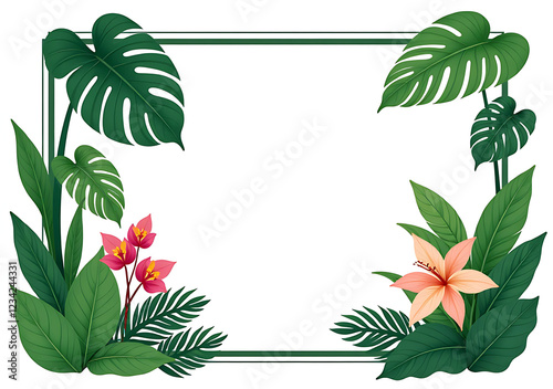 tropical plants monstera ferns pothos orchids grow jungle tree frame green foliage isolated white