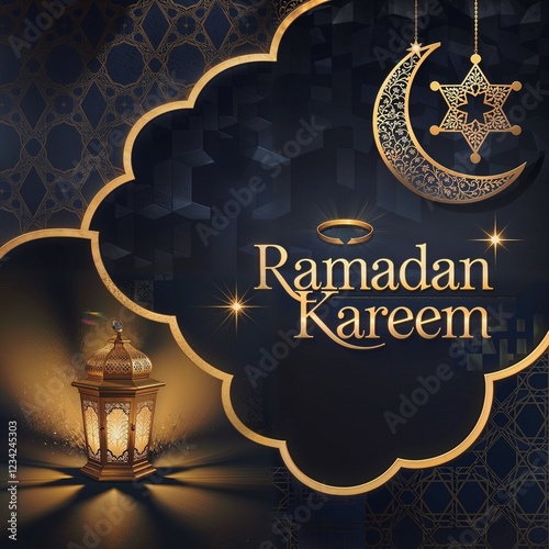 Minimalist Ramadan Kareem digital design with geometric patterns and rich colors,Islamic festival background with crescent moon, glowing lantern, and elegant calligraphy, Arabic calligraphy Islamic ba