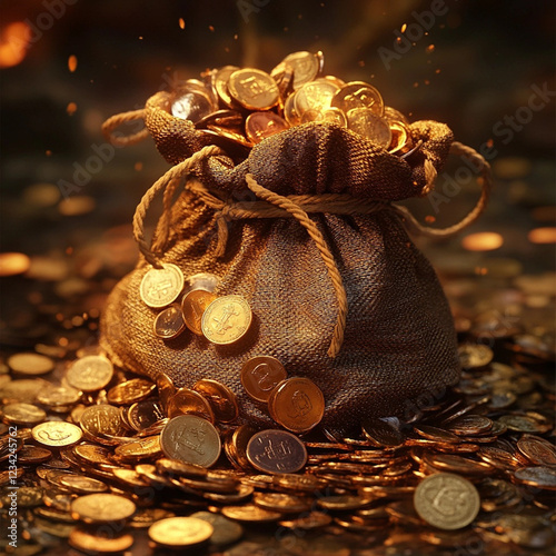 Many coins with gold bag