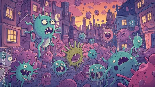 Cartoon Virus Invasion Cityscape Depiction