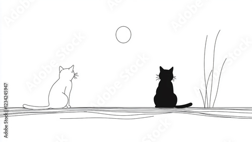 Minimalist Line Art Two Cats Moon Grass Peaceful Scene