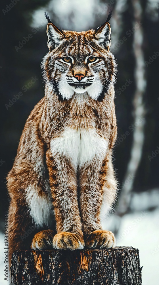 Fototapeta premium HD Phone Wallpaper Majestic Eurasian Lynx Sitting on Tree Stump in Snowy Winter Forest