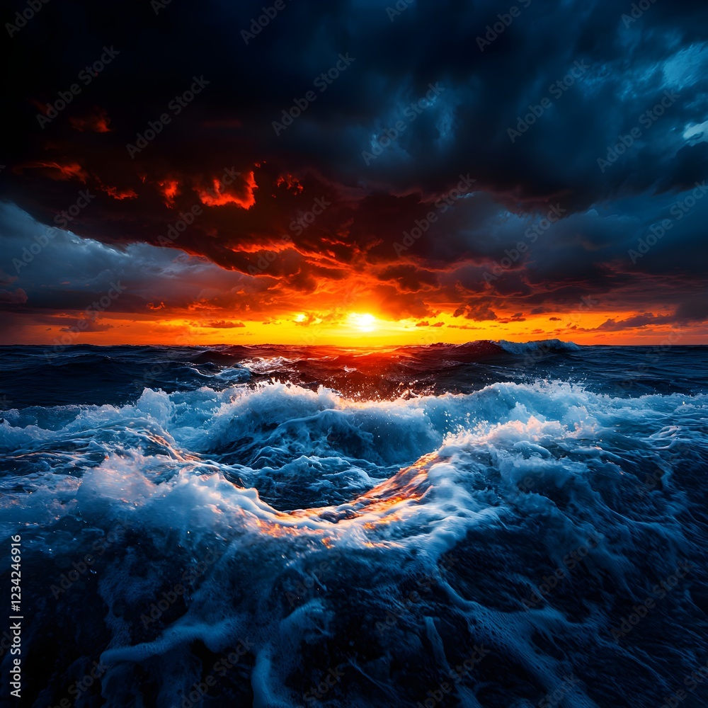 Fototapeta premium Dramatic Ocean Sunset with Dark Clouds and Intense Colors