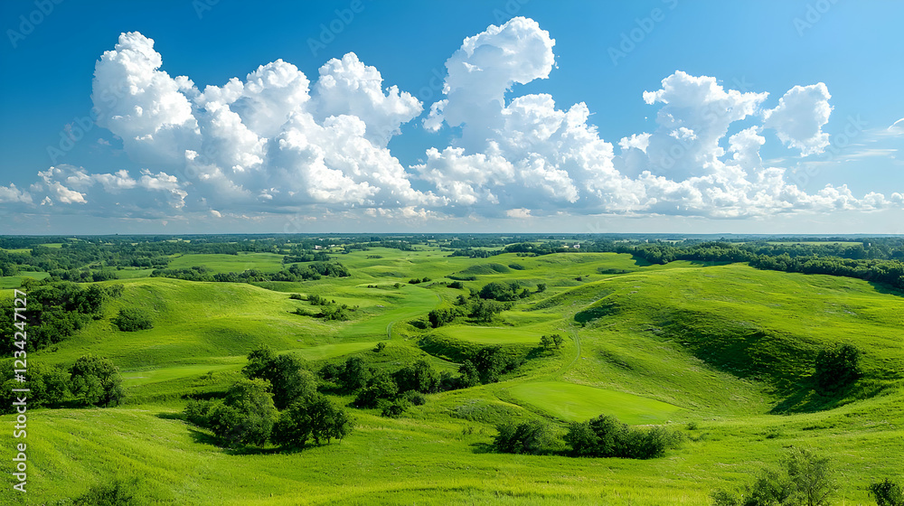 Obraz premium Rolling hills landscape, summer day, scenic view, clouds