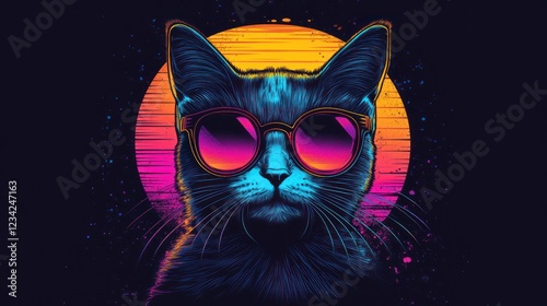 Retro style t-shirt design with 80s cut cat and neon lights