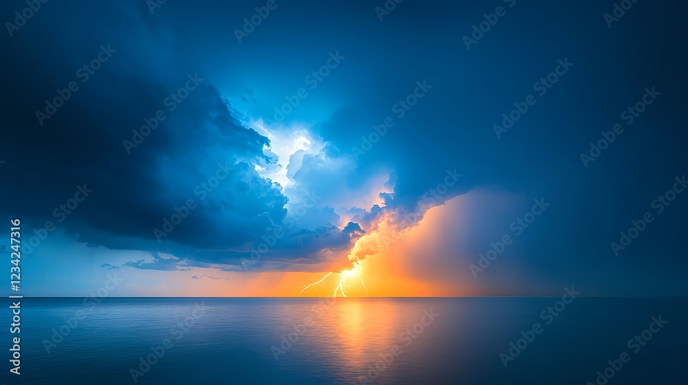 Obraz premium Dramatic Ocean Sunset with Lightning Storm