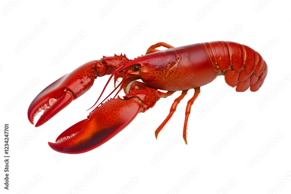 A bright red lobster with large claws, resting on a white surface. Transparent background
A bright red lobster with large claws, resting on a white surface. Transparent background