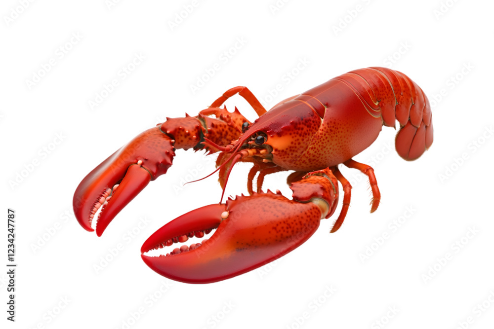 A bright red lobster with large claws, resting on a white surface. Transparent background
A bright red lobster with large claws, resting on a white surface. Transparent background