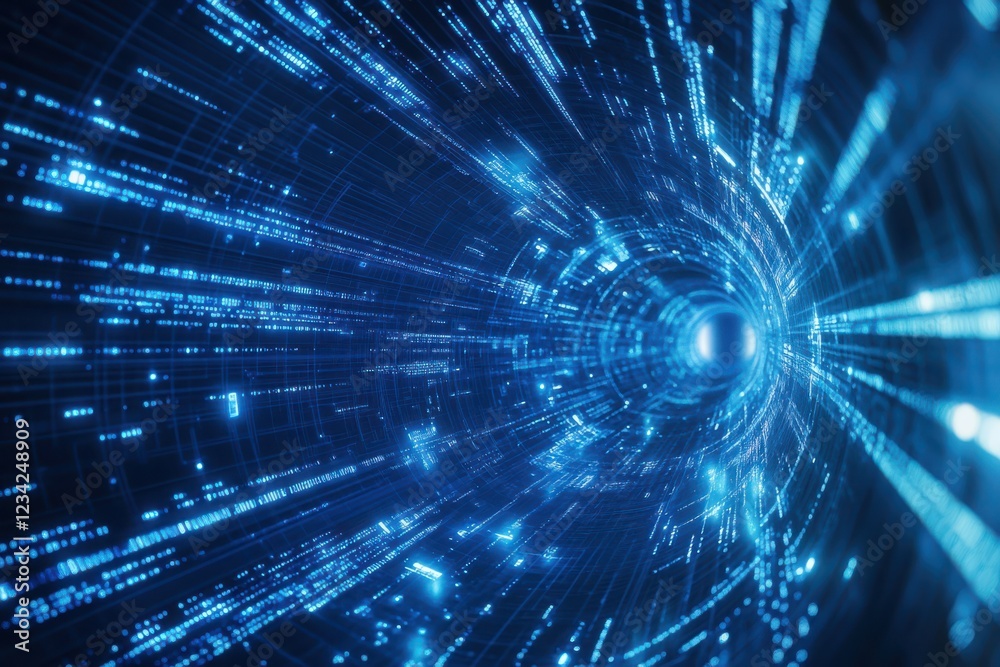Obraz premium Glowing data streams flowing through digital tunnel symbolizing artificial intelligence processing