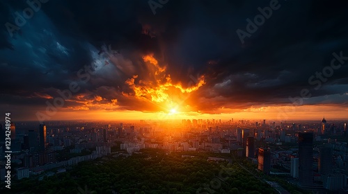 Dramatic Orange Sunset Over City Skyline