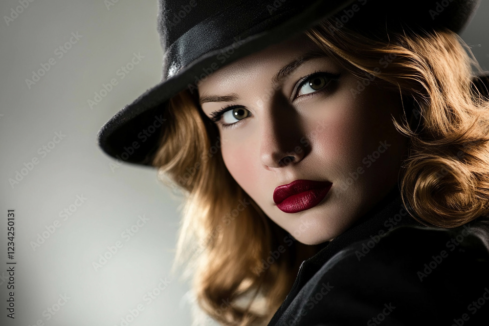 Captivating woman in a stylish hat with bold lips Captivating woman in a stylish hat with bold lips